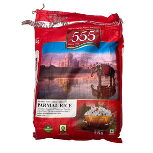 Red bag of Parmal Rice with 555 branding on a marble surface