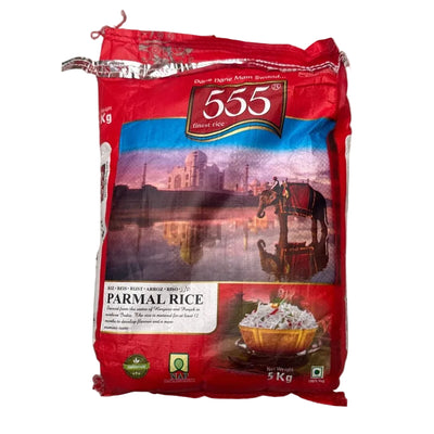 Red bag of Parmal Rice with 555 branding on a marble surface