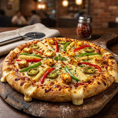 Delicious pizza with various toppings on a wooden board in a restaurant setting.