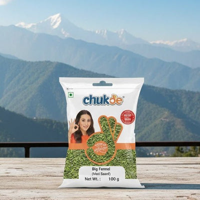 Bag of chukdee snacks on a wooden table with mountains in the background