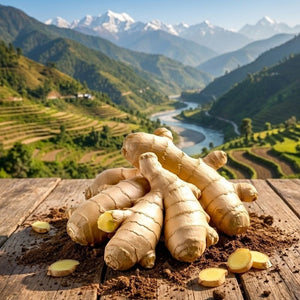 Ginger roots on a wooden surface with a scenic mountain landscape in the background