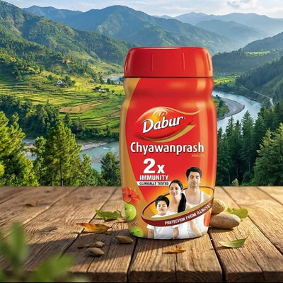 Dabur Chyawanprash 2x Immunity supplement bottle with a scenic background