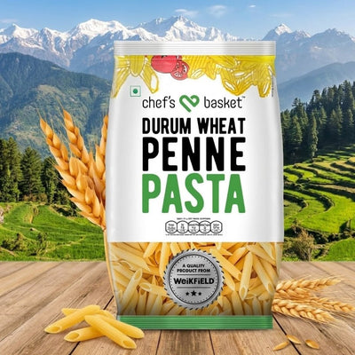 Packaging of chef's basket Durum Wheat Penne Pasta with a scenic background