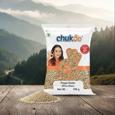 Bag of chukde poppy seeds with a scenic mountain background