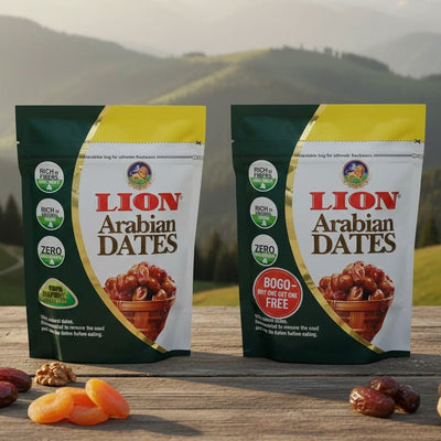 Two packages of Lion Arabian Dates on a wooden surface with a mountainous background