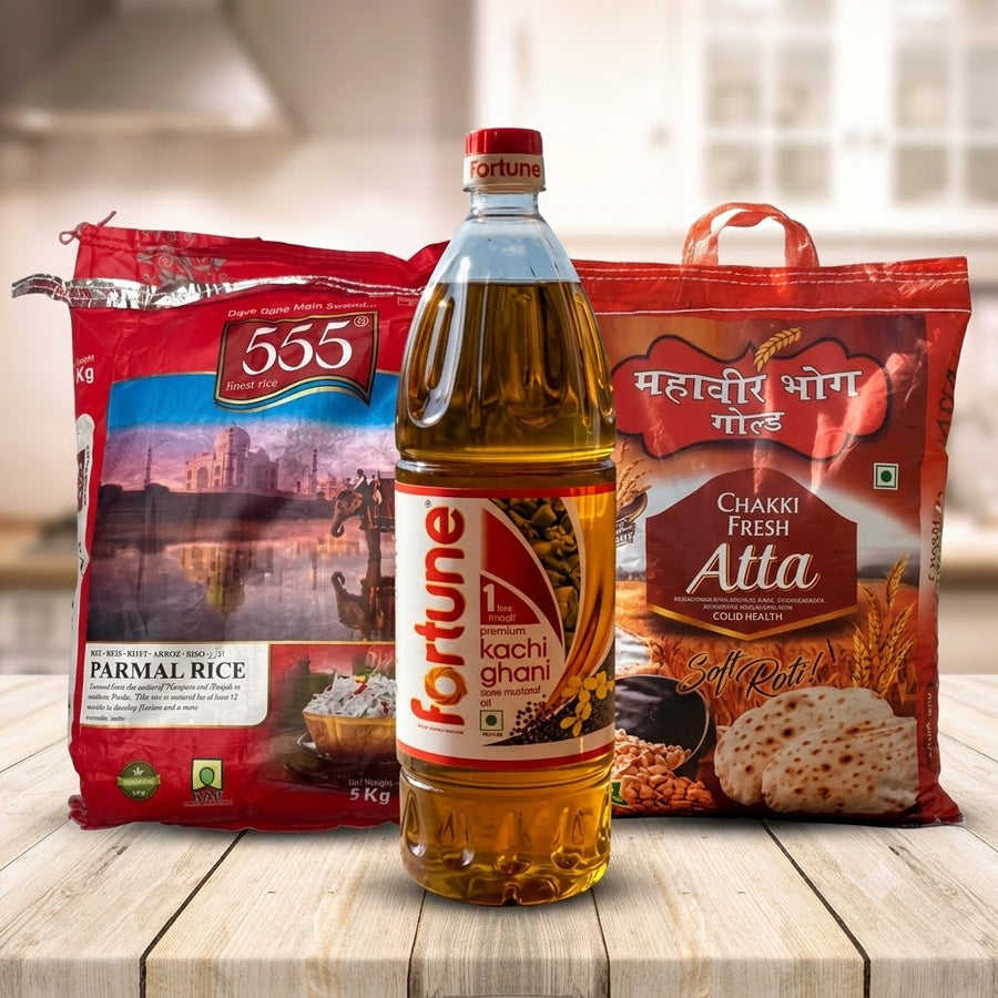 Rashan Budget Combo- Atta 5kg + Parmal Chawal 5kg + Sarson Tel 1L