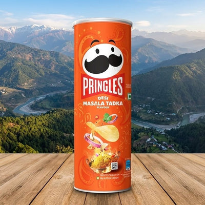 PringlesDesi Masala Tadka can on a wooden surface with a mountainous landscape in the background