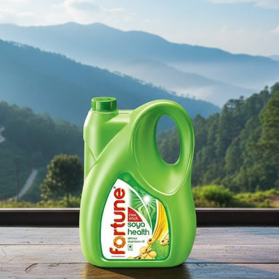 Green Fortune Soya Health container on a wooden surface with a mountainous landscape in the background