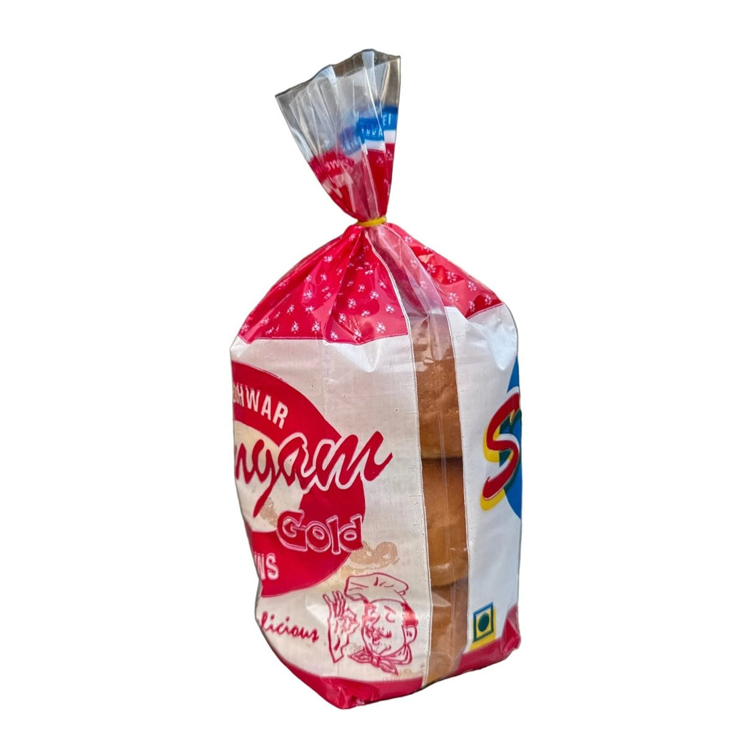 Packaged bread with a red and white label on a white background