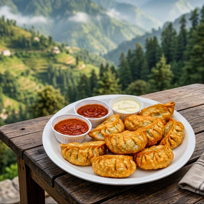 A white plate of golden-brown fried dumplings with three small dipping sauce bowls, set on a rustic wooden table with a scenic mountain valley background.