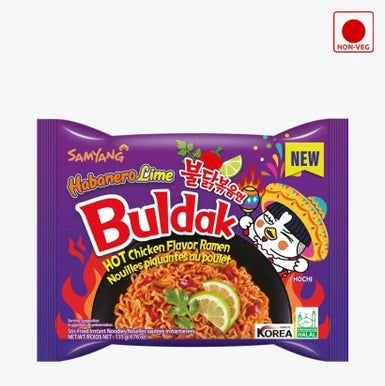 Samyang Habanero Lime Buldak hot chicken flavor ramen package on a white background