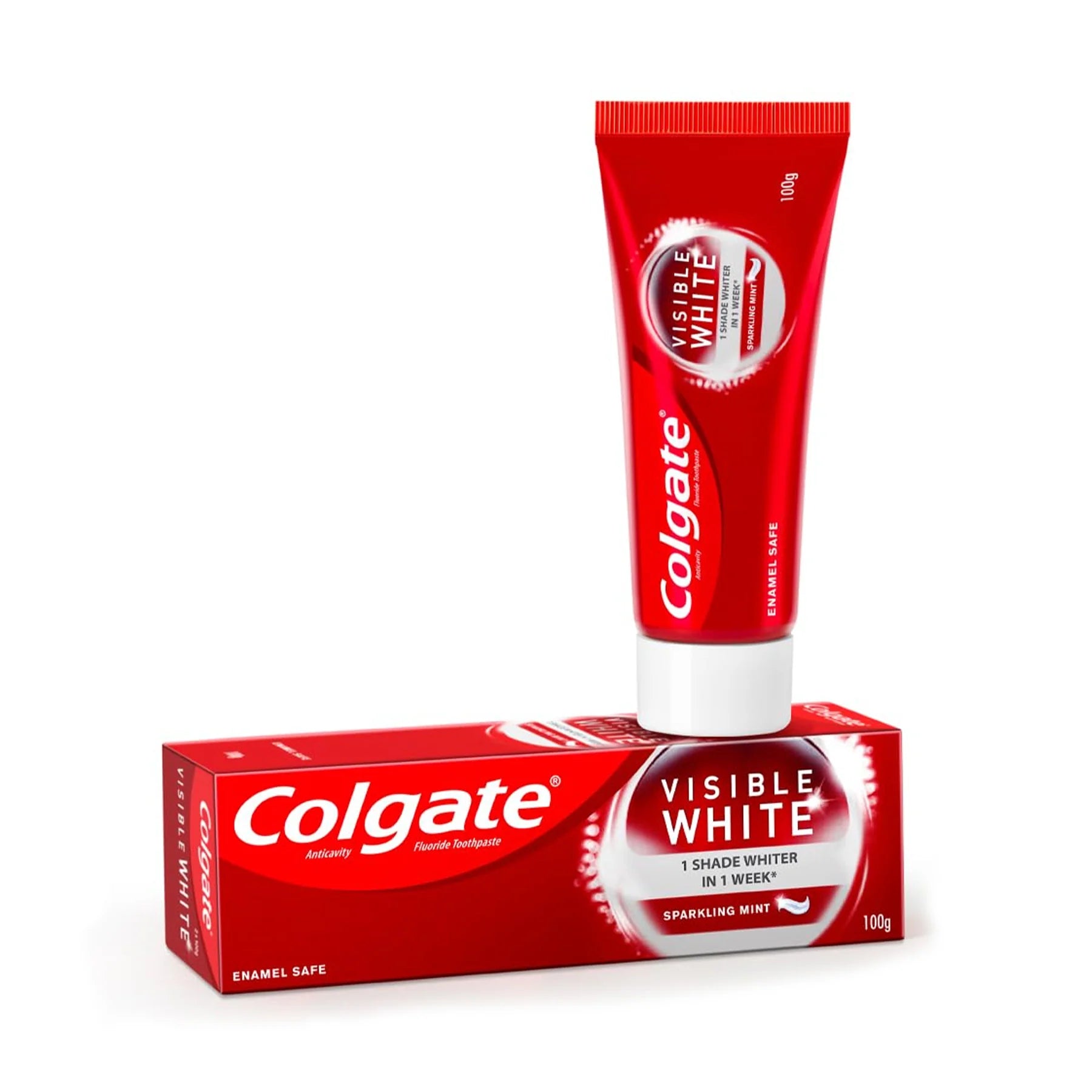 Colgate Visible White toothpaste tube and packaging on a white background
