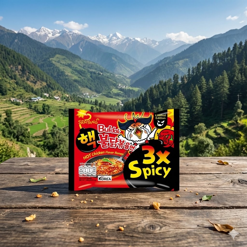 Sangwon Butter Hot Chicken flavor package with mountainous landscape in the background