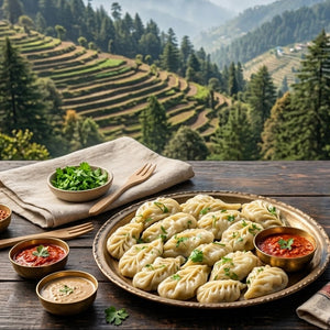 A large platter of steamed dumplings with small bowls of sauce and garnish on a rustic wooden table, set against a scenic mountain landscape with terraced hills and trees.