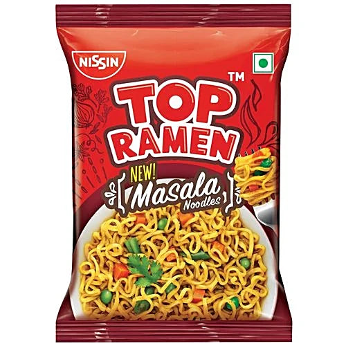 Nissin Top Ramen Masala Noodles packaging on a white background