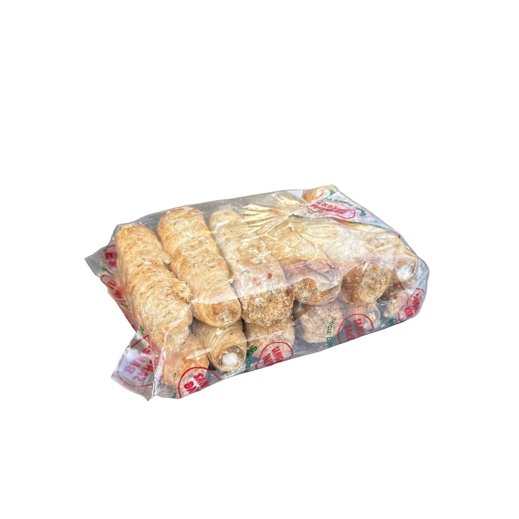 Packaged snacks in a clear plastic bag on a white background