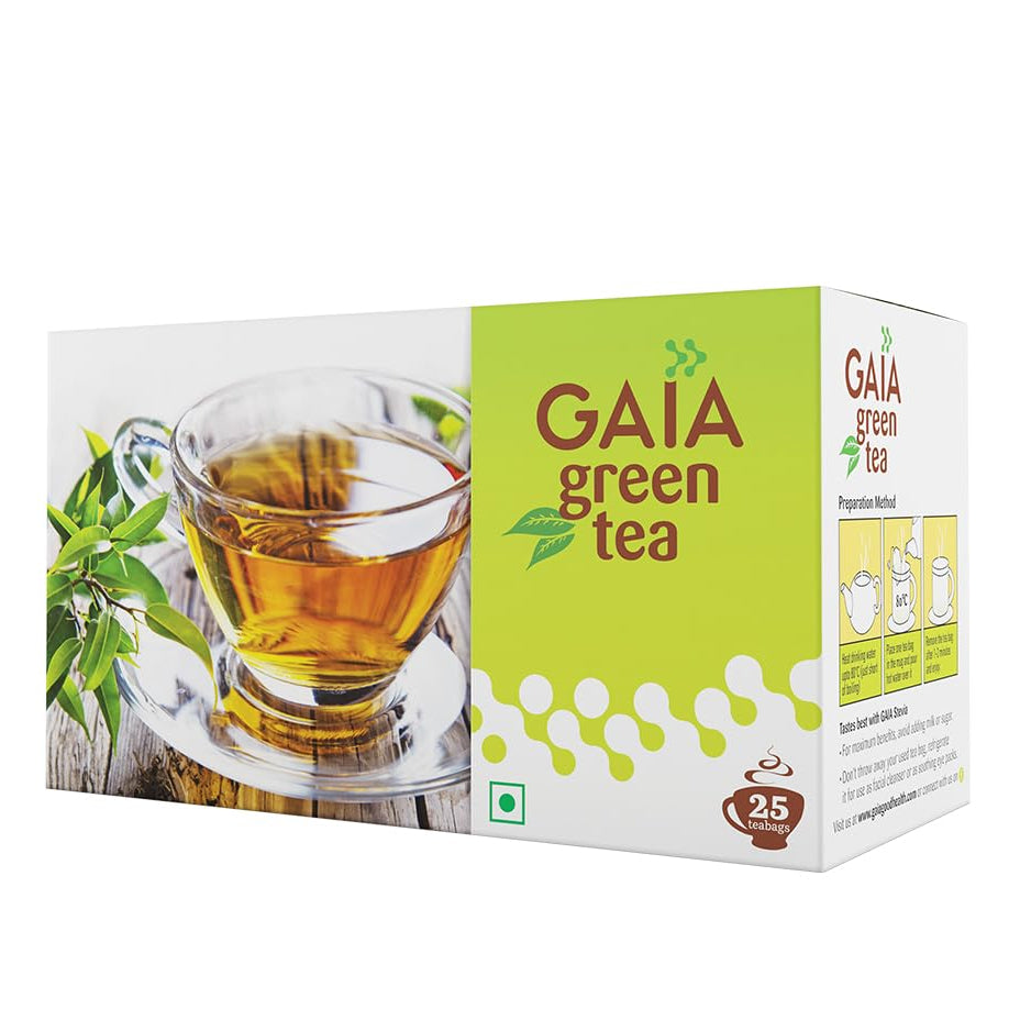 GAIA green tea packaging with a glass of tea on a white background