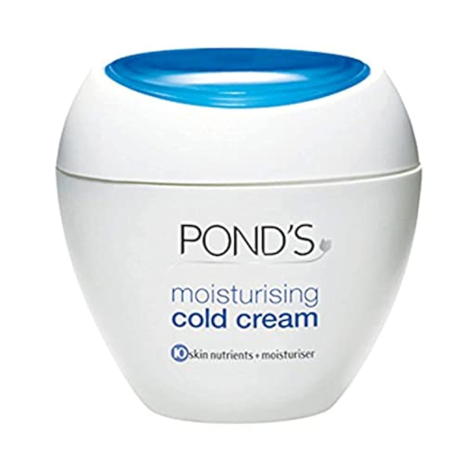 Ponds moisturising cold cream jar with blue lid on a white background
