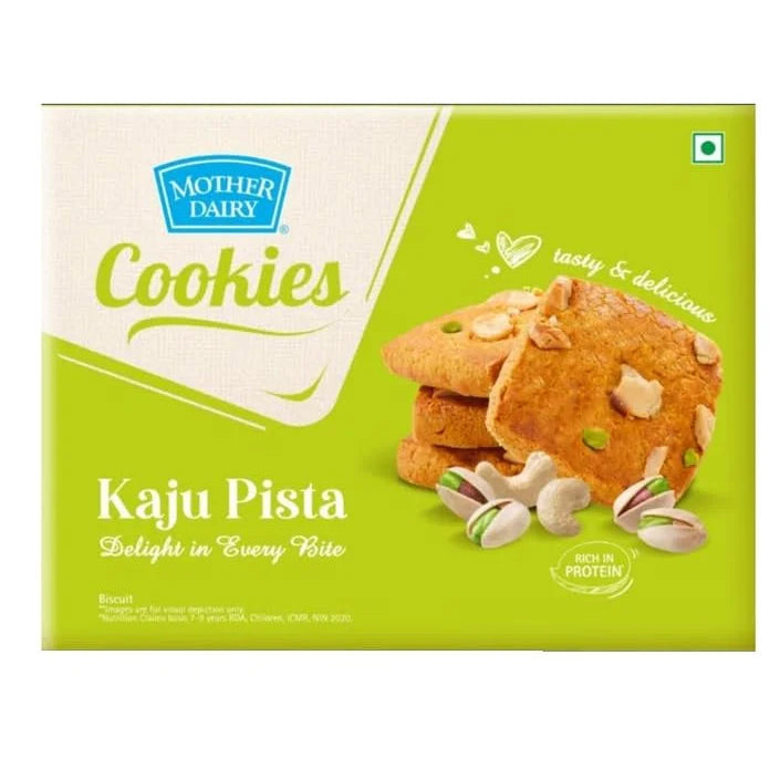 Box of Mother Dairy Kaju Pista cookies on a white background