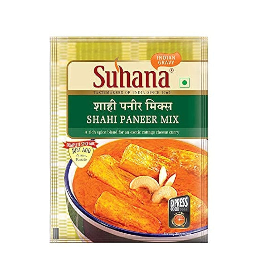 Suhana Shahi Paneer Mix packaging with an image of a dish on a white background