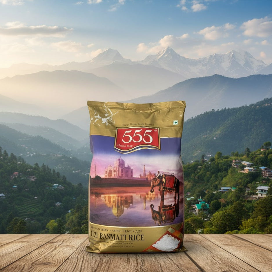 555 Basmati Rice bag with a scenic mountain backdrop