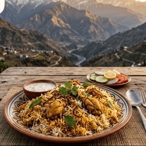 Plated dish of biryani with a mountainous landscape in the background