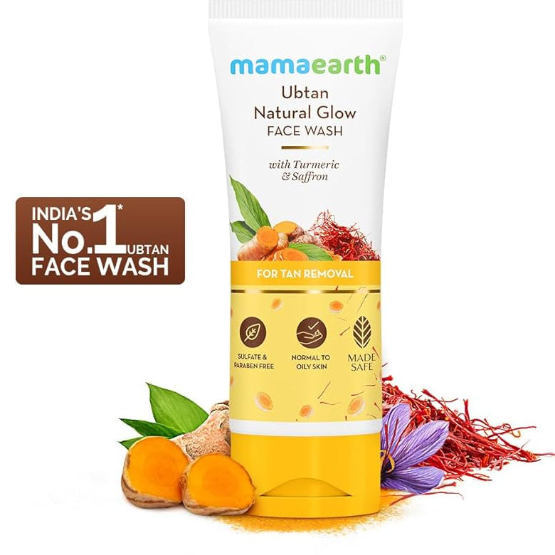 Mamaearth Ubhan Natural Glow Face Wash with ingredients on a white background