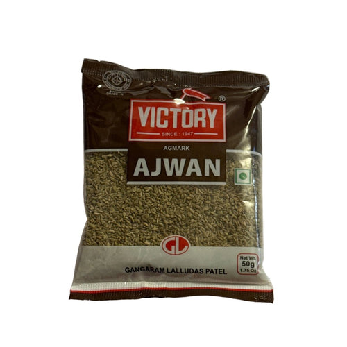 Packaged spice labeled 'Ajwan' by Victory on a white background