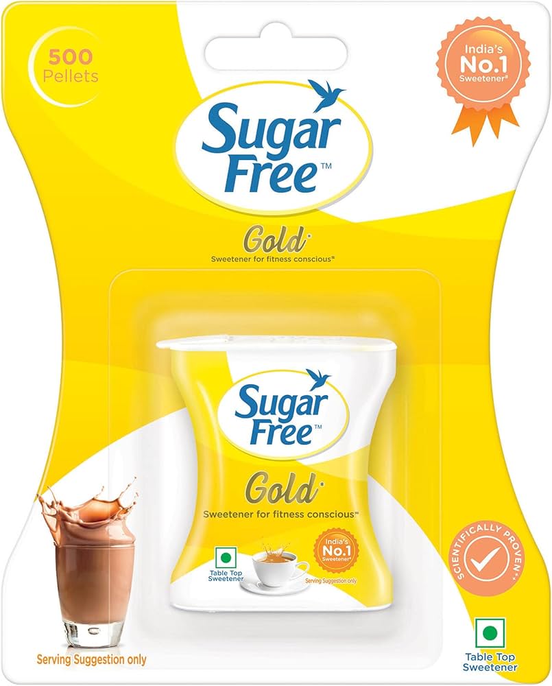 Sugar Free Gold sweetener package with yellow background