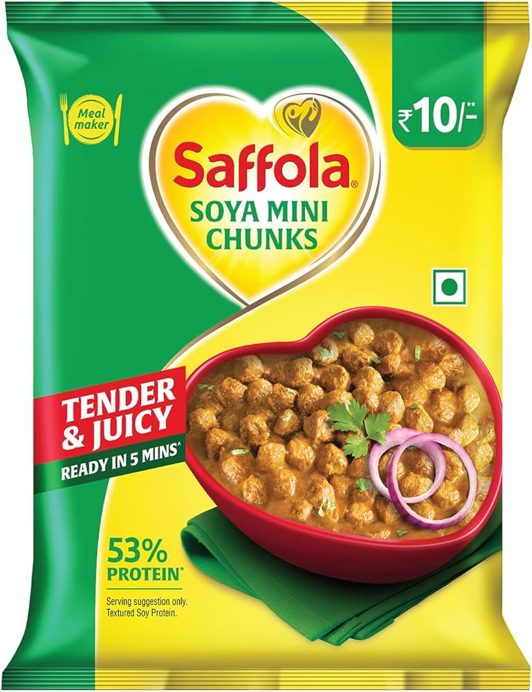 Saffola Soya Mini Chunks packaging with green and yellow design