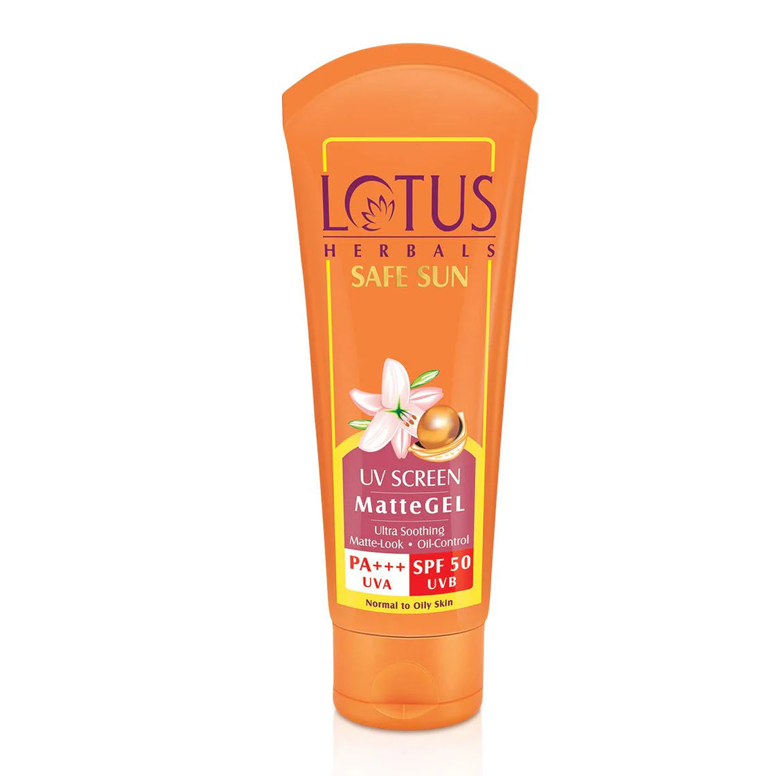 Orange tube of Lotus Herbals Safe Sun UV Screen Matte Gel on a white background