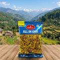 Packaged food product with a scenic mountain landscape in the background