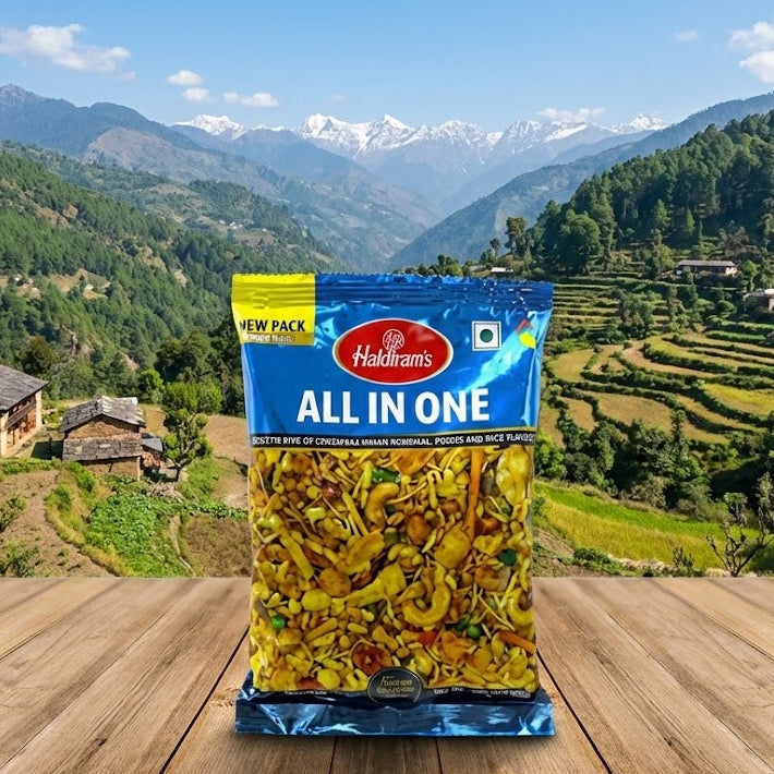 Packaged food product with a scenic mountain landscape in the background