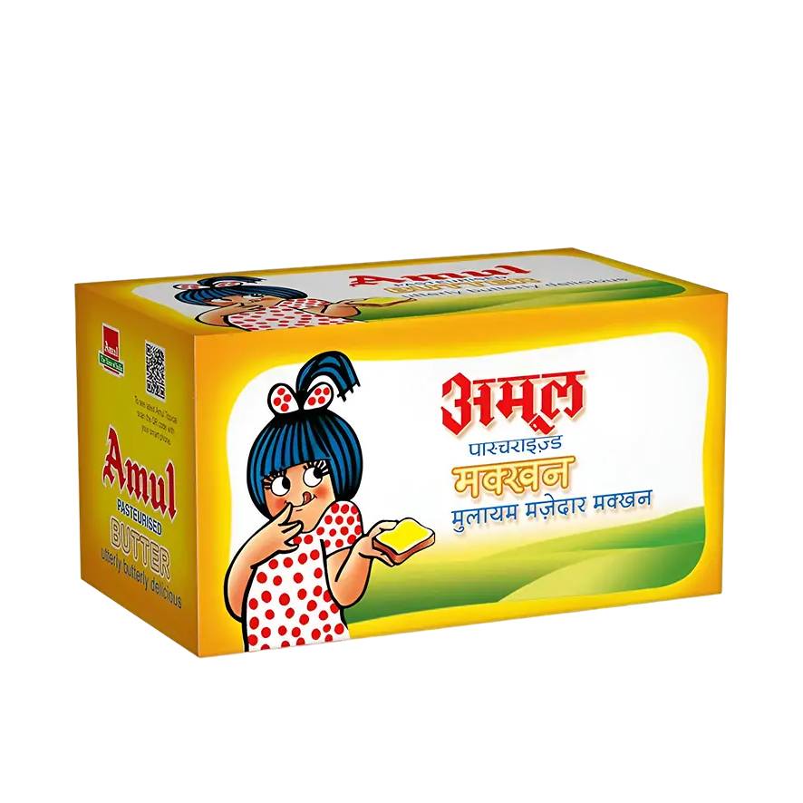 Amul butter packaging with a cartoon character on a white background