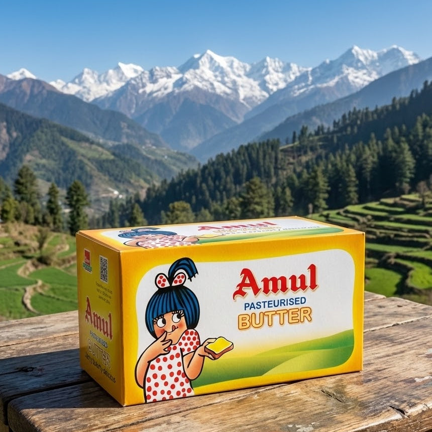 Amul butter box on a wooden surface with a mountainous landscape in the background