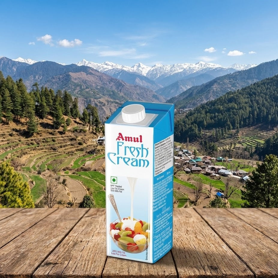 Amul Fresh Cream carton on a wooden surface with a scenic mountain landscape in the background