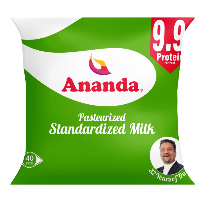 Ananda milk package with green and white design on a white background