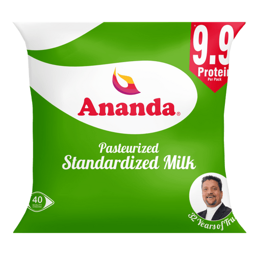 Ananda milk package with green and white design on a white background