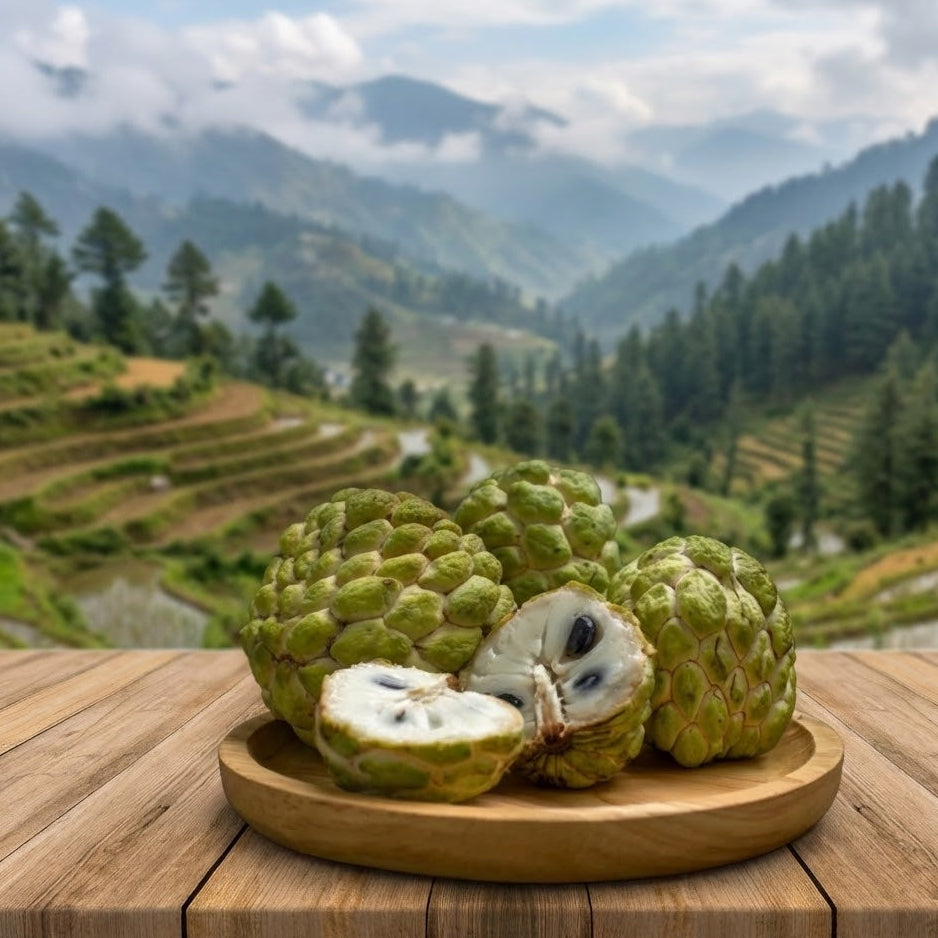 Two custard apples on a wooden plate with a mountainous landscape in the background