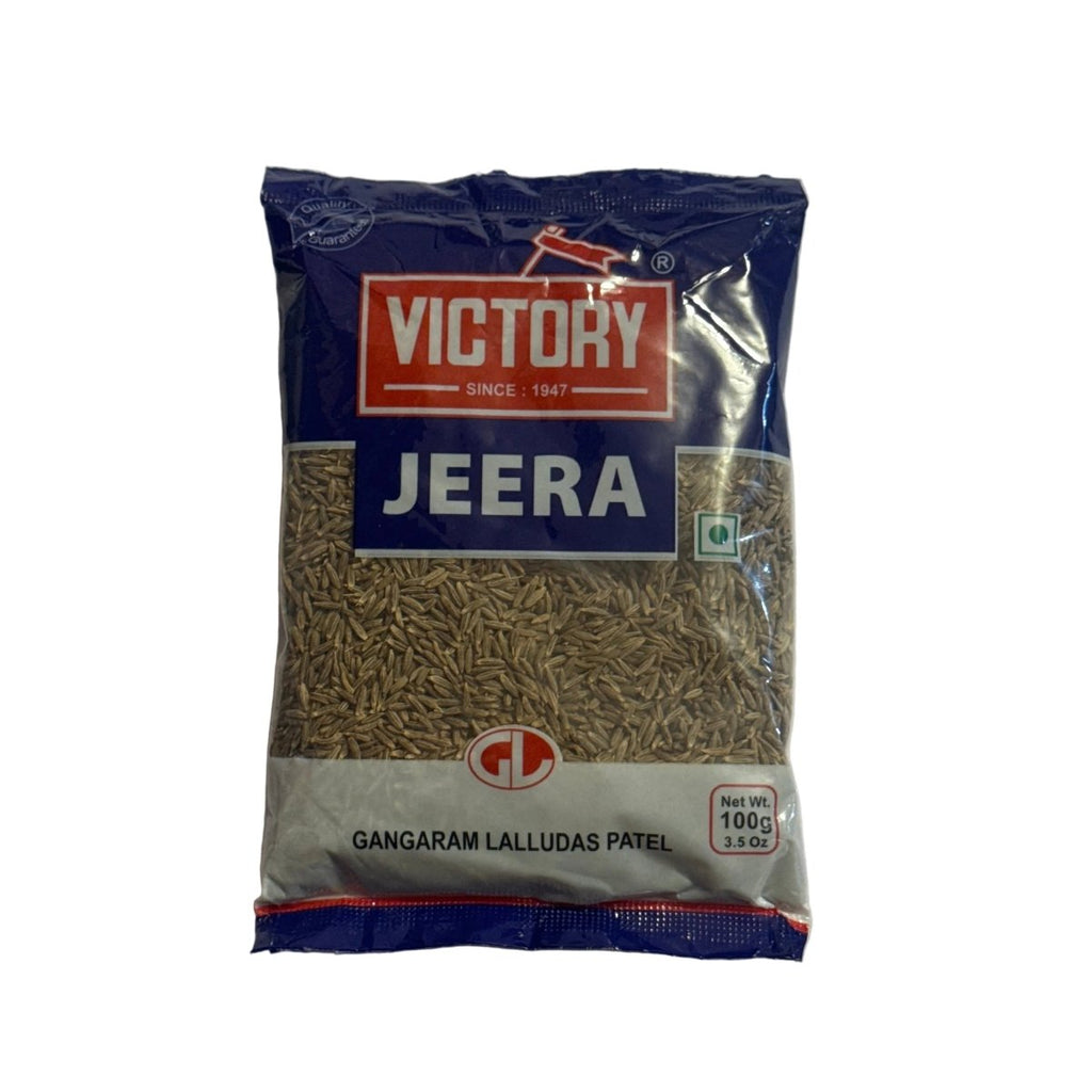Packaged jeera (cumin seeds) with Victory brand label on a white background