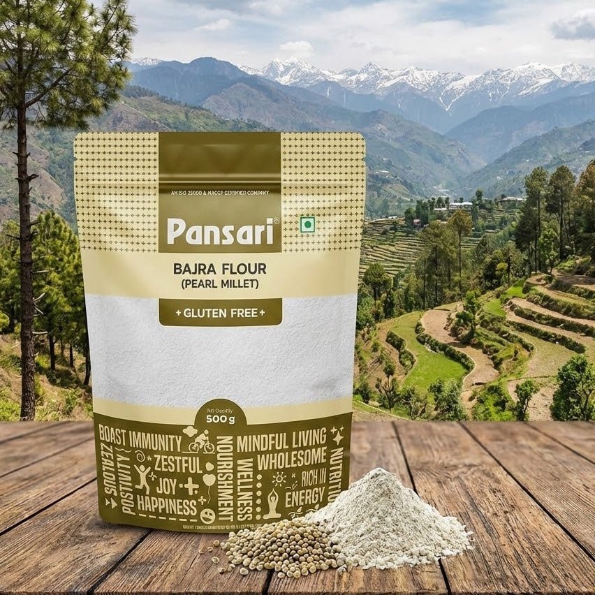 Pansari Bajra Flour package with a scenic mountain background