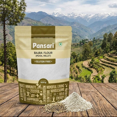 Pansari Bajra Flour package with a scenic mountain background