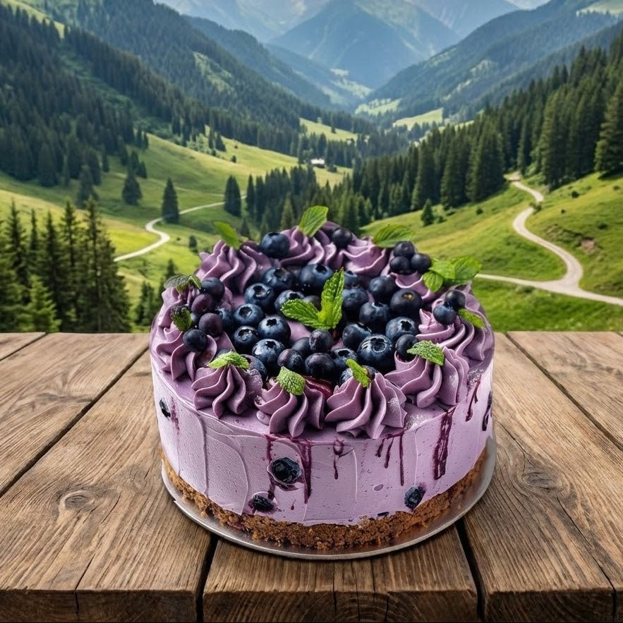 Purple cake with blueberries on a wooden table in front of a mountain landscape