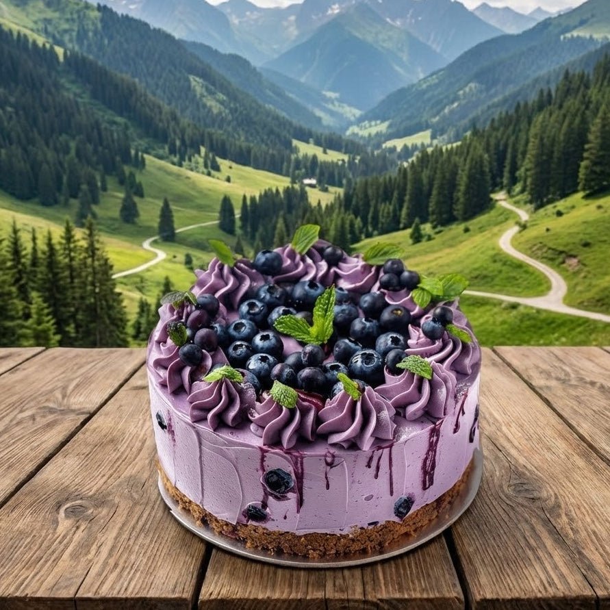 Purple cake with blueberries on a wooden table in front of a mountain landscape