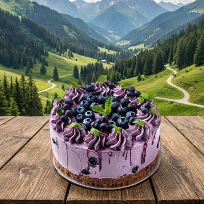 Purple cake with blueberries on a wooden table in front of a mountain landscape
