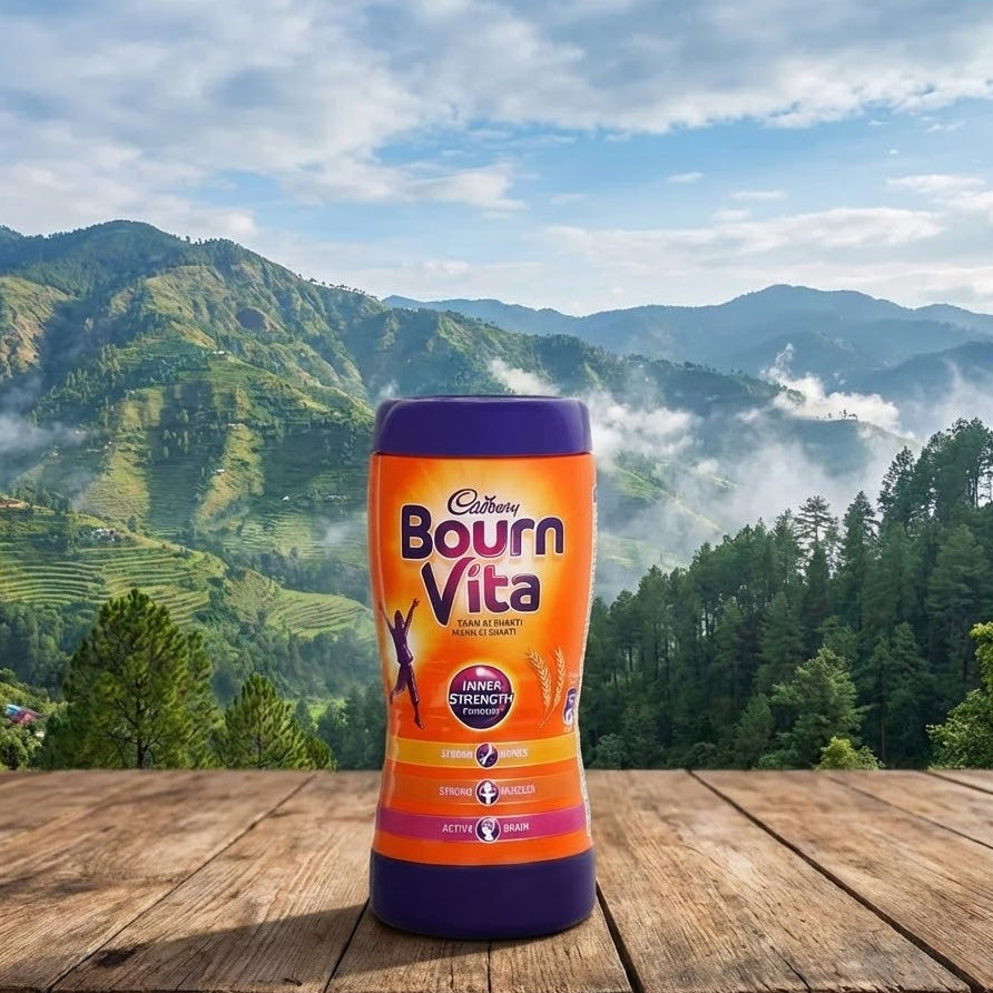 Bourn Vita container on a wooden table with a mountainous landscape in the background