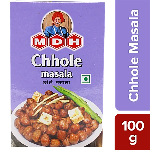 Box of MDH Chhole masala with a picture of a person and food on a purple background