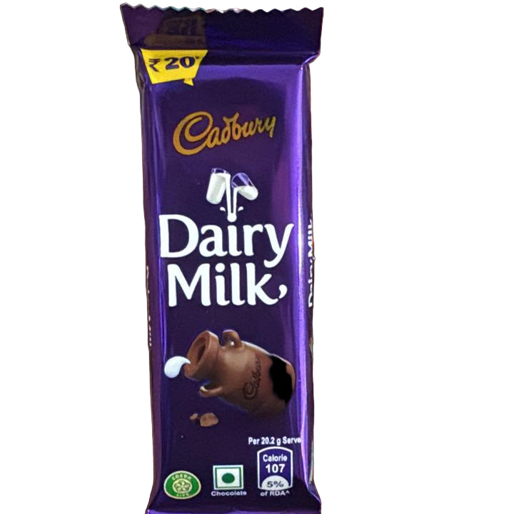 Hand holding a Cadbury Dairy Milk chocolate bar with a blurred background