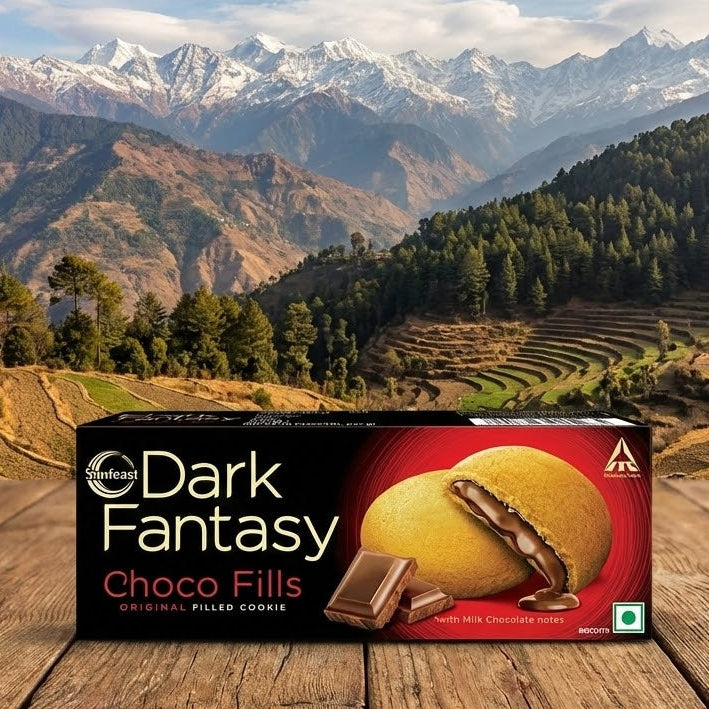 Box of Dark Fantasy Choco Fills cookies on a wooden table with a mountainous landscape in the background