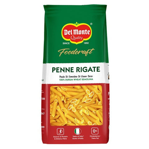 Del Monte Penne Rigate pasta packaging on a white background